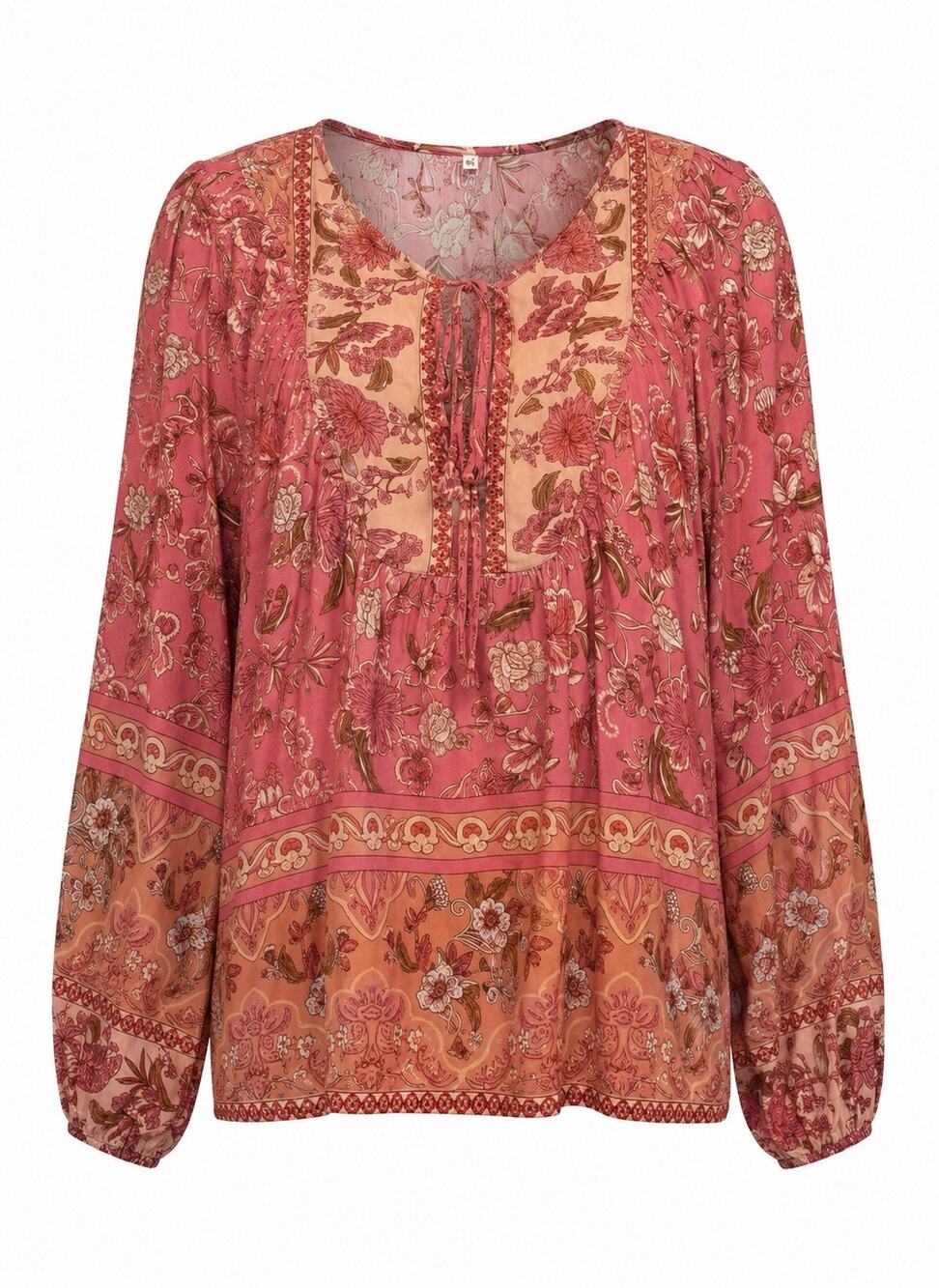 Boho Floral Peasant Blouse XL | 100% Viscose Tie Neck Top